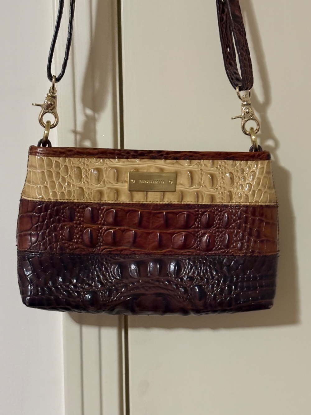 Brahmin Melbourne Croc Embossed Leather Crossbody Bag Brown Cream